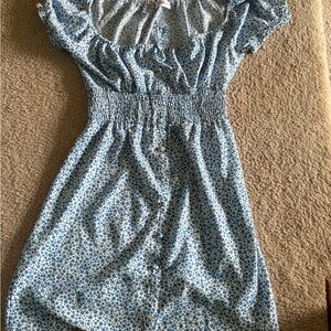 Blue Floral Smocked-Waist Summer Dress